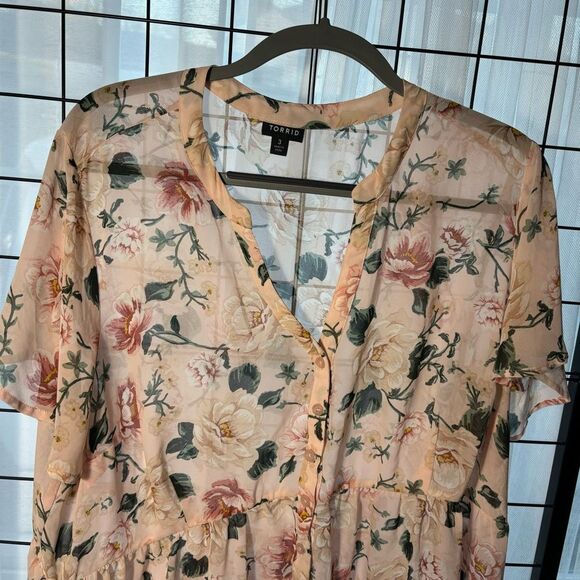 Torrid plus size pink Floral Sheer hi-low button down top EUC - Picture 2 of 5